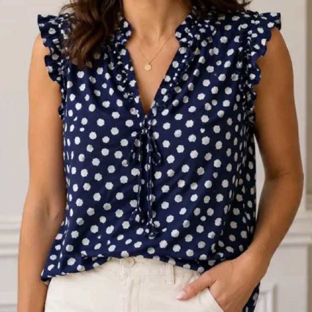 NWOT Kate spade Sleeveless Ruffle Neck Polka Dot Top - Blue & White